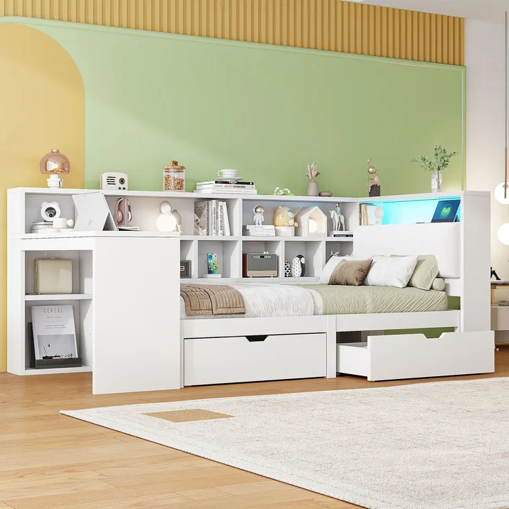 L-förmiges Holz-Plattformbett mit Schreibtisch und Bücherregal Eck-Kapitänsbett mit gepolstertem Kopfteil Schubladen unter dem Bett LED-Licht Weiß 90 x 200 cm
