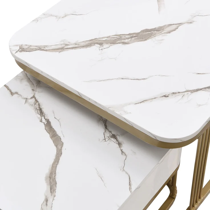 Merax Couchtisch Set Marmoroptik mit Schublade, Beistelltisch hochglanz, Satztisch,Wohnzimmertisch, Gold | Weiß – Bild 6