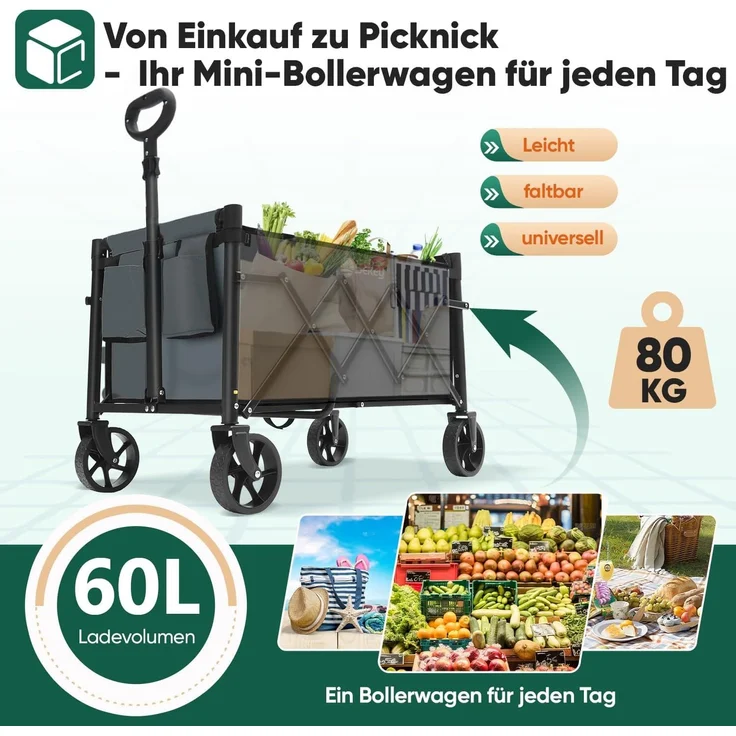Sekey Mini Bollerwagen Faltbar Handwagen Outdoor Transportwagen 60L, bis zu 80kg, Grau – Bild 3
