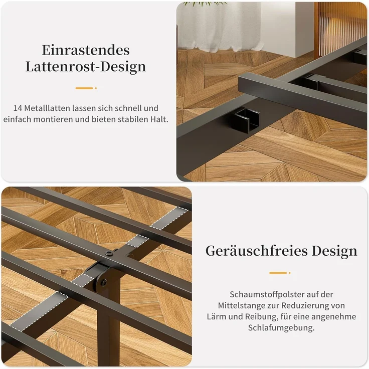 VECELO Bettgestell 140x200 cm, Doppelbett mit Holzkopfteil und stabilem Metalllattenrost, 320 kg Tragkraft, 31 cm Stauraum, Einfache Montage, Industrie-Stil, Braun – Bild 4