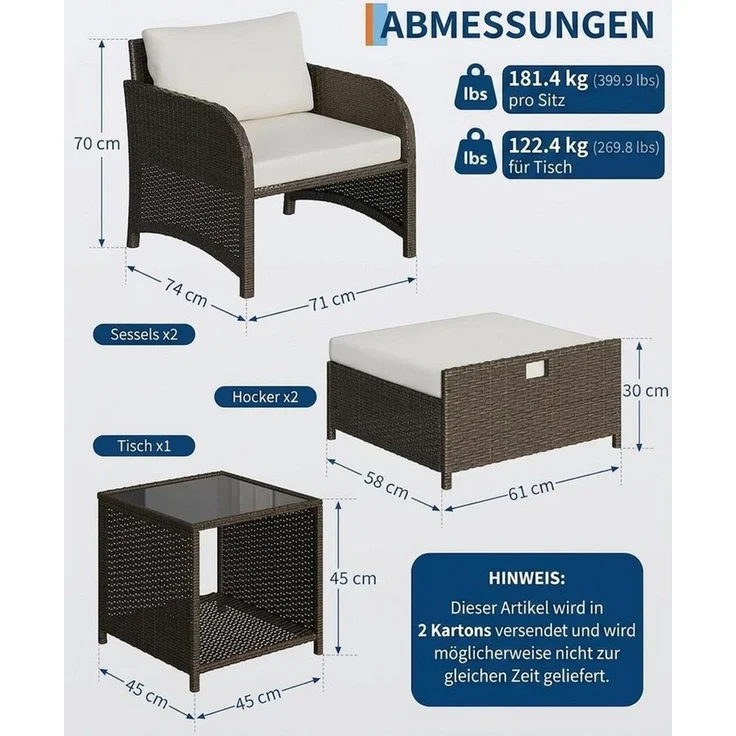 GarveeMore Gartenlounge-Set Terrassenmöbel mit Tisch,5 teilig Rattan Balkonmöbel Kleiner Balkon, Gartenmöbel Set Balkonset 2 Rattansessel mit Hocker,Outdoor Sitzgruppe – Bild 2
