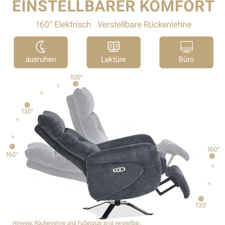 HOME NATURE WOHNKONZEPT Elektrischer Relaxsessel mit USB-Anschluss, elektrisch verstellbarer TV-Sessel mit Liegefunktion, Chenille Dunkelgrau, bis 350 kg, FT9207-A – Bild 3