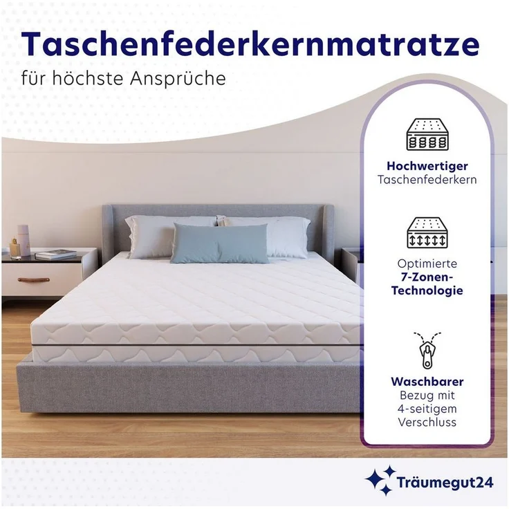 Taschenfederkernmatratze Träumegut24 mit 7-Zonen System für ergonomisches Liegen, Träumegut24, 21 cm hoch, verschiedene Größen und Härtegrade – Bild 3