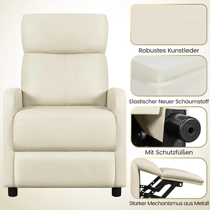 Yaheetech Relaxsessel Fernsehsessel Einzelsofa Ruhesessel mit Verstellbarer Beinablage Liegesessel aus Kunstleder Beige – Bild 7