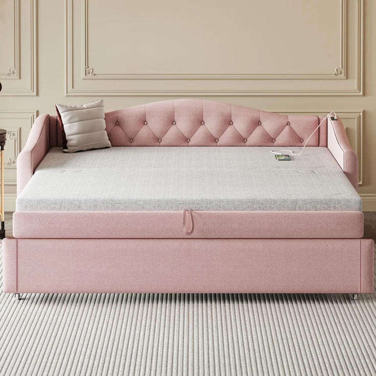 Polsterbett Ausziehbares Schlafsofa, 90*200 cm, Mit USB-Anschluss, Klassische Form mit Knöpfen mit Lattenrost, Multifunktionsbett - Gästebett, Leinenstoff, Grau (Matratze nicht enthalten) – Bild 4