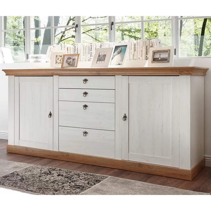 Sideboard 210cm im Landhaus-Stil LINARES-61 in Pinie weiß / Wotan Eiche Nb. - B/H/T ca. : 210/91/52 cm