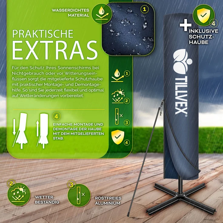 tillvex® Alu Sonnenschirm Rechteckig Ø 330 cm mit LED Solar Navy-Blau + Abdeckung mit Kurbel | Ampelschirm mit Ständer & Windschutz | Gartenschirm UV-Schutz, wasserdicht, 360° drehbar | Kurbelschirm Marktschirm – Bild 6