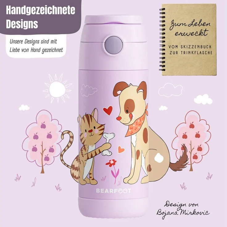 BEARFOOT Trinkflasche Thermo Kinder Trinkflasche Edelstahl - Hund & Katze lila, Thermosflasche, auslaufsicher, Edelstahl, Kinderflasche, BPA-frei – Bild 4