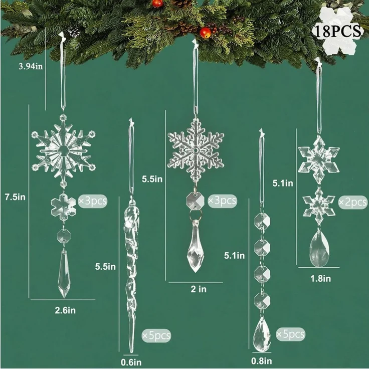 Coonoor Christbaumschmuck Acryl Schneeflocken Eiszapfen Tropfen Hängedekoration (18-tlg), Ornamente für Weihnachtsbaum Winterfest und Party Deko – Bild 4