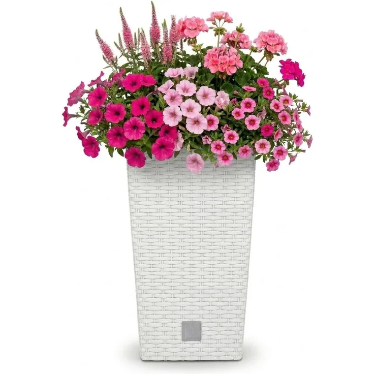 Prosper Plast Rato Square Blumentopf 26,5 x 26,5 x 50 cm Weiß | Moderner Pflanzkübel in Rattan-Optik | Eckiger Übertopf mit Einsatz | Wetterfester Kunststoff für Balkon, Terrasse & Wohnung