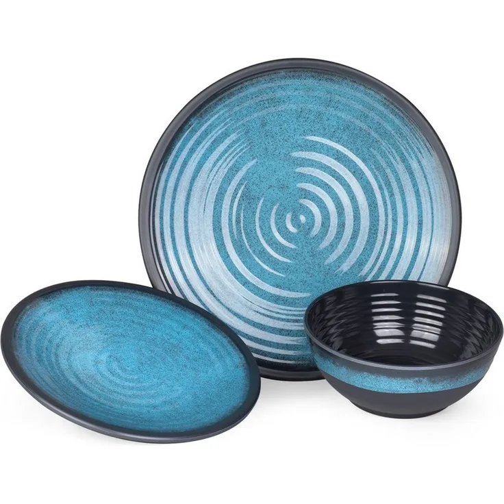 Moritz Geschirr-Set Camping Geschirr Stone Blue 3-teilig, Melamin, 3 tlg, Geschirrset Campinggeschirr Picknick Geschirr Bootsgeschirr