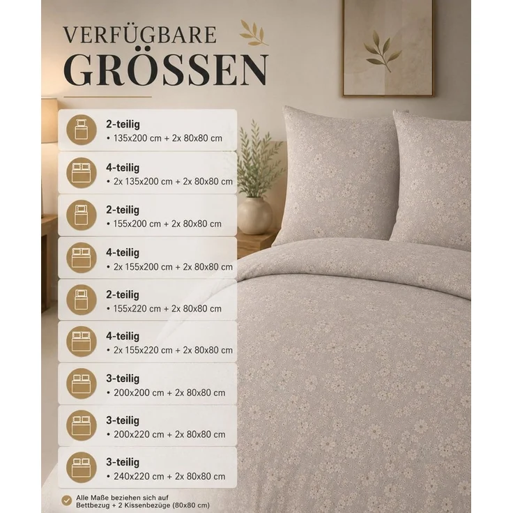Leonado Vicenti Wendebettwäsche Set Baumwollmischung Beige Natur Blumen, Renforcé, 3 teilig, mit verdecktem Reißverschluss, Wendebettwäsche – Bild 4
