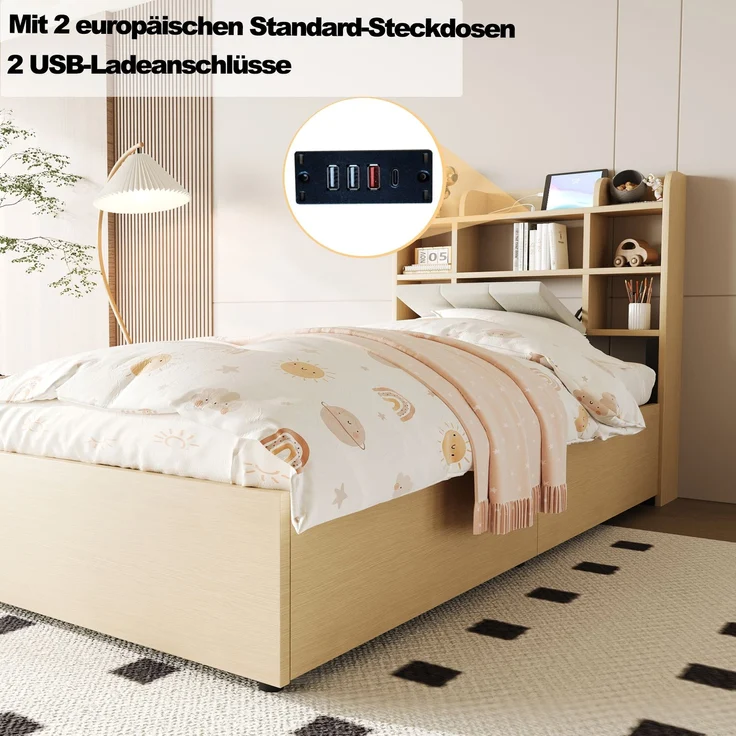 Holzbett 90 x 200 cm, Hydraulisches Bett, Kopfteil mit Stauraum, Ausgestattet mit USB- und Tape-C-Steckdose, Einzelbett, Jugendbett, Holzfarbe (ohne Matratze) – Bild 4