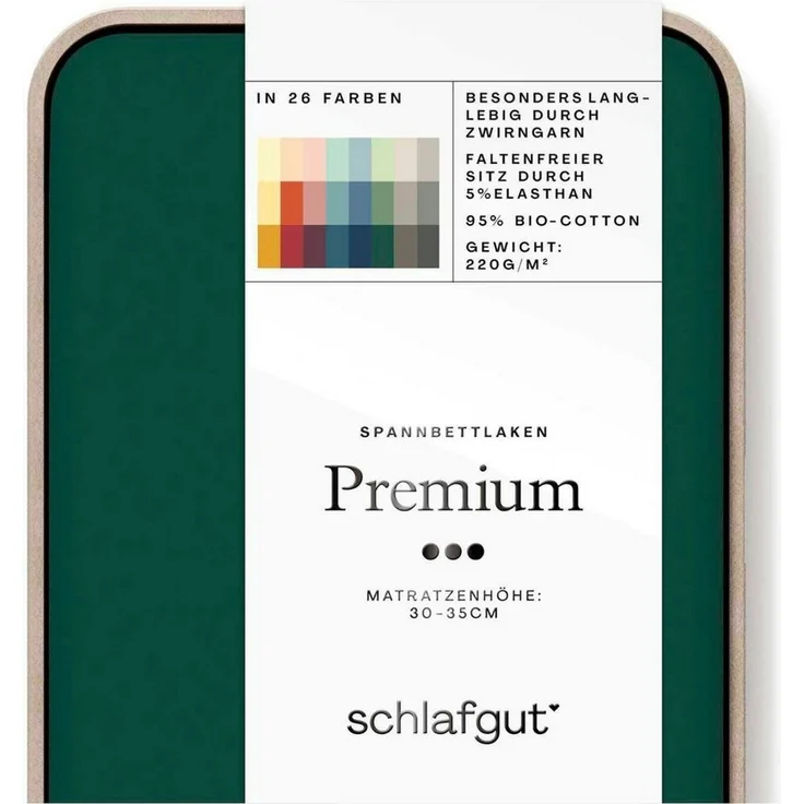 Schlafgut Spannbettlaken PREMIUM Mako-Zwirn-Jersey, 220 g/m², 95% Bio-Baumwolle, 5% Elasthan, Mako-Zwirn-Jersey, Gummizug: rundum, (1 Stück), Bettlaken bis 30 cm Höhe, PREMIUM-Qualität langlebig, perfekter Sitz – Bild 2
