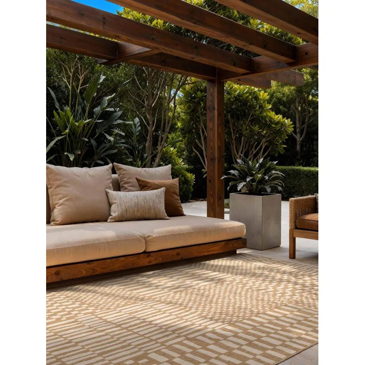 Ted Baker Flachgewebe Teppich Barkham - Wendeteppich Outdoor geeignet, Pflegeleichter Wohnzimmerteppich, Modern, Kariert Muster für Wohnzimmer, Terrasse, Esszimmer, Balkon - Jute Weiß, 120x170 cm