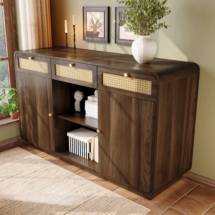 Abrihome Sideboard mit Rattan, Goldgriffen und offenem Regal, Braun, 85x40x120 cm – Bild 2