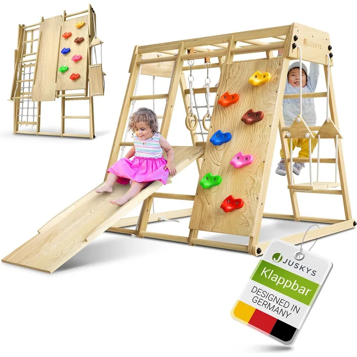 Juskys 'Maxi' Klettergerüst für Kinder - Indoor Spielplatz mit Rutsche, Kletterwand, Kletternetz & Schaukel - Holz Kletterturm klappbar - Holz Natur, 119 x 124 x 119 cm