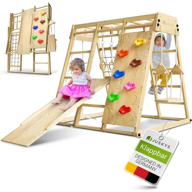Juskys 'Maxi' Klettergerüst für Kinder - Indoor Spielplatz mit Rutsche, Kletterwand, Kletternetz & Schaukel - Holz Kletterturm klappbar - Holz Natur, 119 x 124 x 119 cm – Bild 1