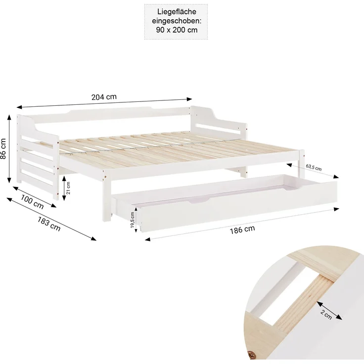 Gästebett Holzbett 90x200 cm mit 2 Matratzen Weiß Stauraum Tagesbett ausziehbar Jugendbett Ausziehbett Bett mit Bettkasten – Bild 3