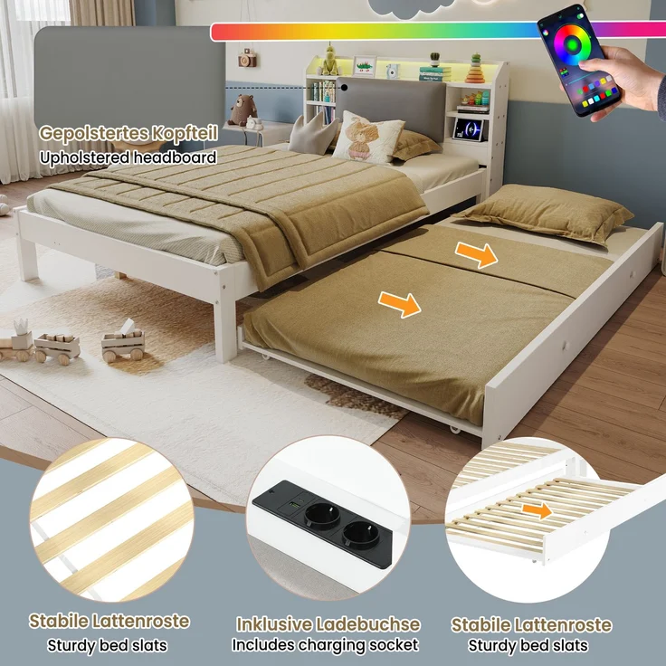 EINHOM Holzbett 120 x 200 cm mit Ausziehbett 90 x 190 cm, Weißes Funktionsbett mit Gepolstertem Kopfteil, LED-Lichtleiste, Kopfteilregal und Ladestation, Ausziehbett Links/rechts Montierbar (Ohne Matratze) – Bild 4