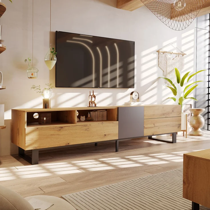 TV-Schrank 180 cm Eiche und Anthrazit, modernes Lowboard mit Flügeltür, Schubladen und offenen Fächern – Bild 1