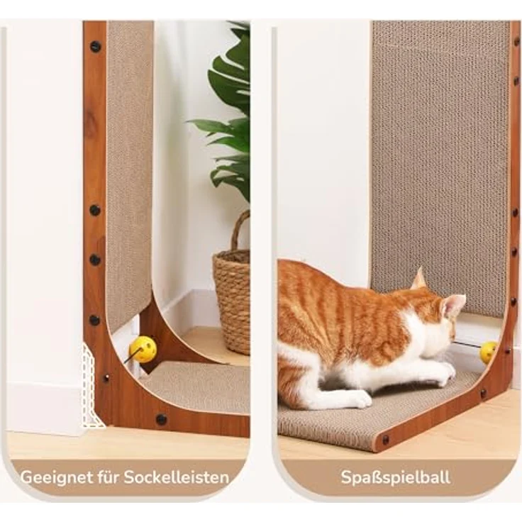 FUKUMARU Kratzbrett Katzen 2er Set, 68 cm hoch L-förmige Kratzpappe aus vertikalem Karton, widerstandsfähig Katzenkratzbrett mit Ballspielzeug, Farbe Nussbaum – Bild 5
