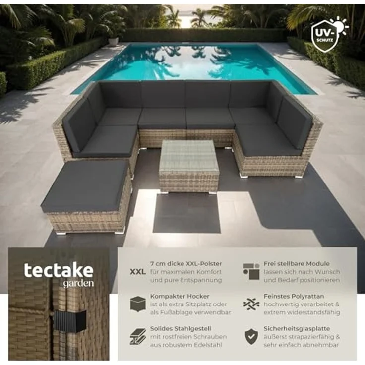 tectake XXL Polyrattan Lounge, Gartenmöbel Set, Sitzgruppe, Balkon Möbel mit 6 Sitze 1 Tisch 1 Hocker, inkl. Sitzkissen, Gartenlounge Outdoor, wetterfest, für Garten, Balkon, Terrasse - Natur – Bild 2
