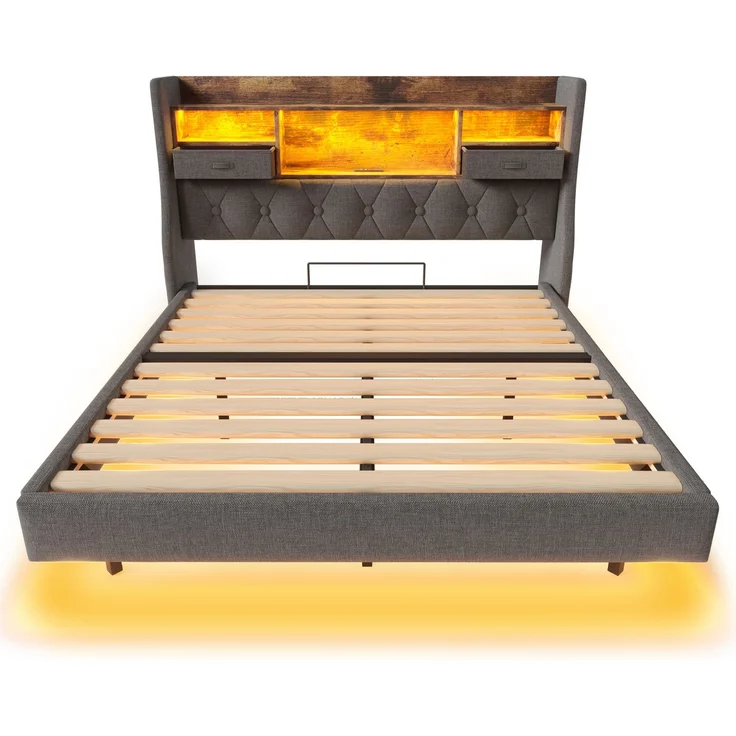 Polsterbett 90x200 cm Schwebebett mit LED-Beleuchtung, Kopfteil und Ladestation(1 Type-C, 3 USB-Anschlüsse), Modern Einzelbett mit Stauraum-Kopfteil und lattenrost, Leinen, Grau(Ohne Matratze) – Bild 8