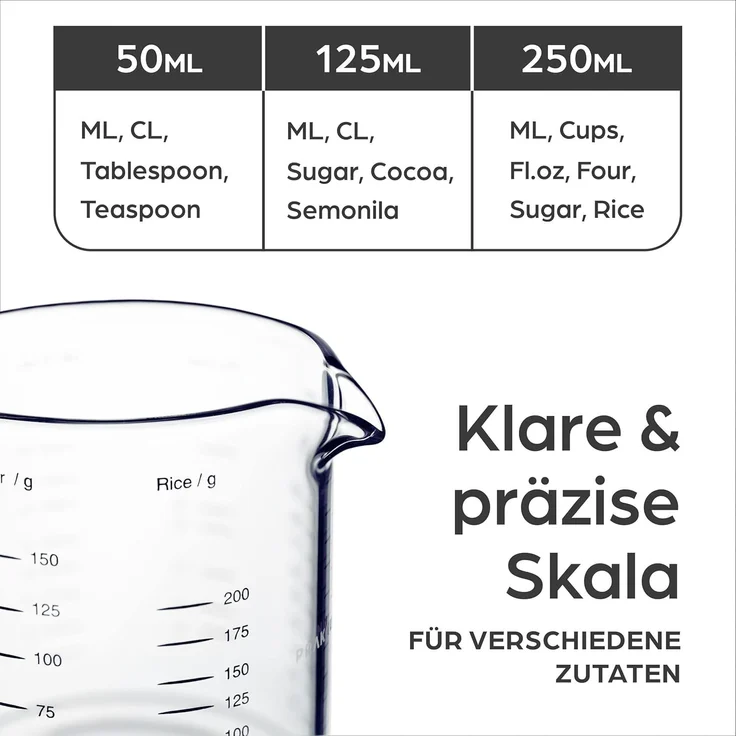 Praknu Messbecher Glas Messbecher mit Ausguss - 50ml, 125ml, 250ml - Präzise Skala, Borosilikatglas, (Set) – Bild 4