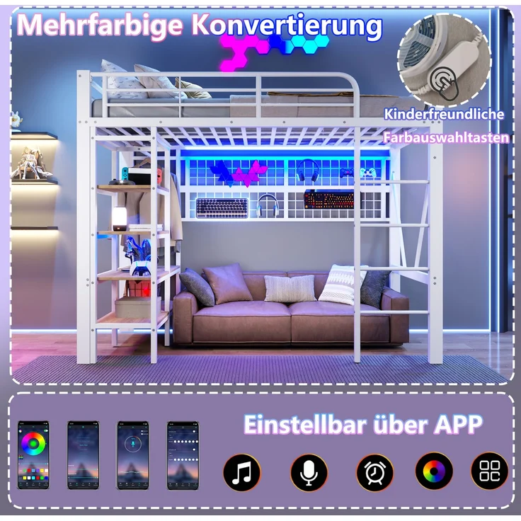 EINHOM Hochbett, 90 x 200 cm, Eisenrahmen, Ablagefach, Netz zum Aufhängen von Gegenständen, mit Kleiderstange, Offener Raum unter dem Bett, mit LED-Lichtleiste, Weiß (Ohne Matratze) – Bild 4