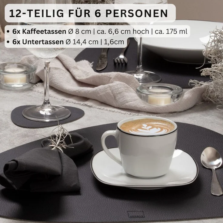 SÄNGER Kaffeeservice Bilgola Black Rim Tassen Set (12-tlg), 6 Personen, Porzellan, 150ml, ⌀8x8cm, spülmaschinengeeignet, Premium Collection – Bild 2