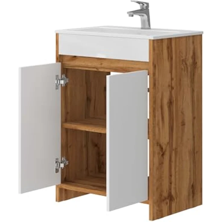Vicco Waschbeckenunterschrank Lemgo, Badmöbelset in Goldkraft-Eiche mit weißem Hochglanz-Front und Keramikwaschbecken, 59,6 x 81,9 x 40 cm – Bild 7