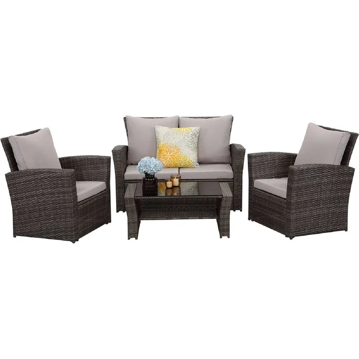 MeXo Gartenlounge-Set Balkonmöbel Set, (Handgefertigtes Poly Rattan Gartenmöbel Set, 4-tlg, 2-Sitzer Sofa, 2 Sessel, Tisch mit Stauraum, 8 Auflagen für 4 Personen), wetterfest Terrassenmöbel Set, Lounge Möbel Outdoor – Bild 5