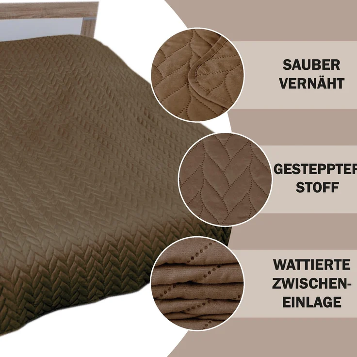 Tagesdecke XXL (220x240 cm) mit wattierter Zwischenlage (Braun) Bettüberwurf - ÖKO-Tex 100, Sommerdecke gesteppt - Steppdecke, Wendedecke – Bild 4