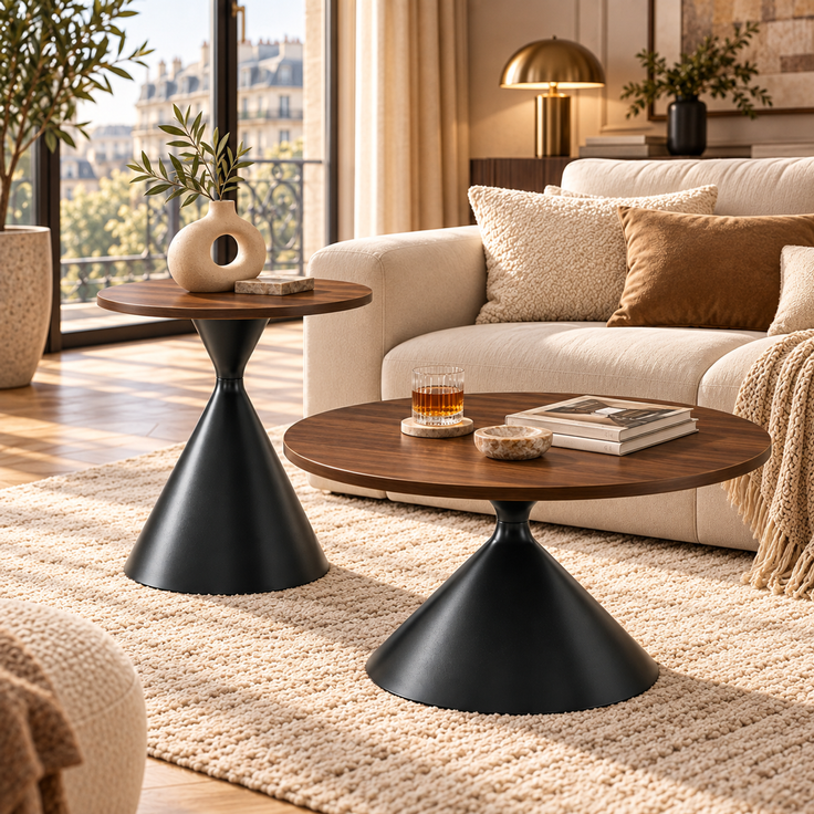 EINHOM 2er-Set Couchtisch & Beistelltisch in Walnussoptik – Runde Wohnzimmertische 70/50 cm, Melamin-Tischplatte, Schwarzes Pulverbeschichtetes Stahlgestell, für Wohnzimmer, Lounge & Café – Bild 3