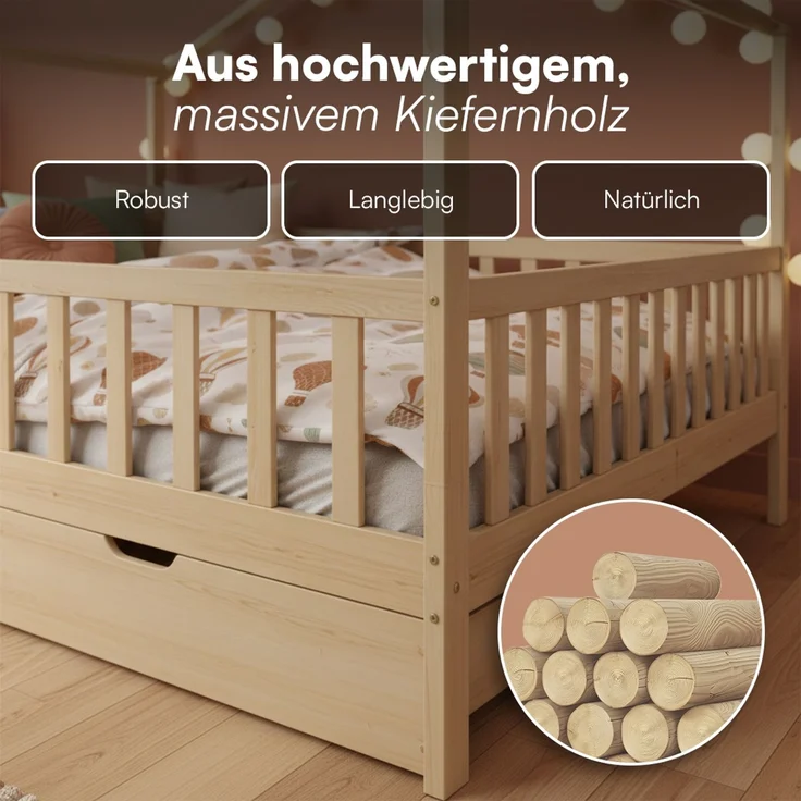 Bellabino 'Bia' Hausbett 140x200 cm mit 2 Schubladen, natur, Kiefer Massivholz, Montessori Kinderbett mit Stauraum, inkl. Rausfallschutz und Lattenrost – Bild 5
