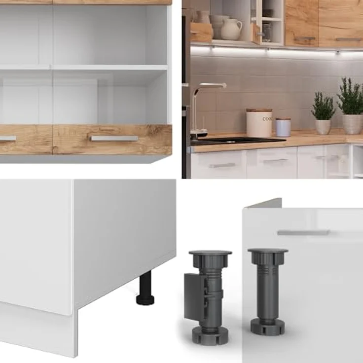 Eckküche R-Line Goldkraft Eiche/Weiß 247 x 60 cm zweifarbige Schränke, AP Eiche Vicco – Bild 6