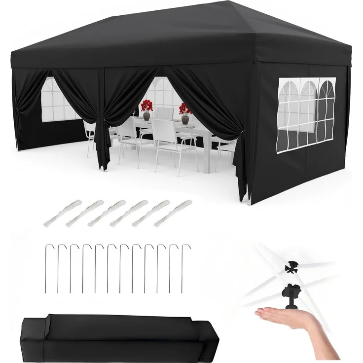 Faltpavillon 3x6 m wasserdicht stabil mit 6 Seitenwänden – Pop up Pavillon faltbar aus 420D Oxford, UV-Schutz 50+, 3-Fach höhenverstellbar, Partyzelt mit Tragetasche für Garten & Outdoor Schwarz