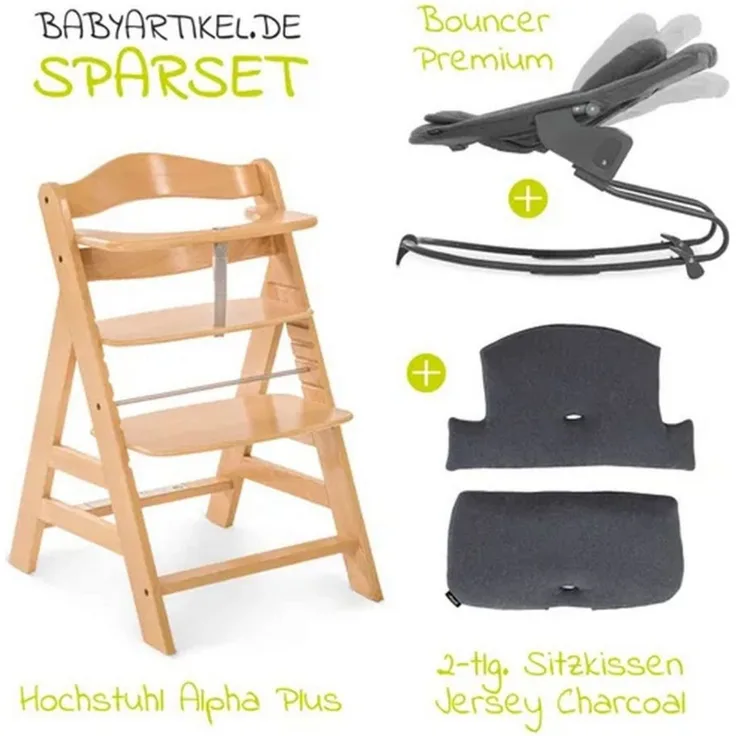 Hauck Hochstuhl Alpha Plus Natur Newborn Set, Holz Babystuhl ab Geburt inkl. Aufsatz für Neugeborene & Sitzauflage