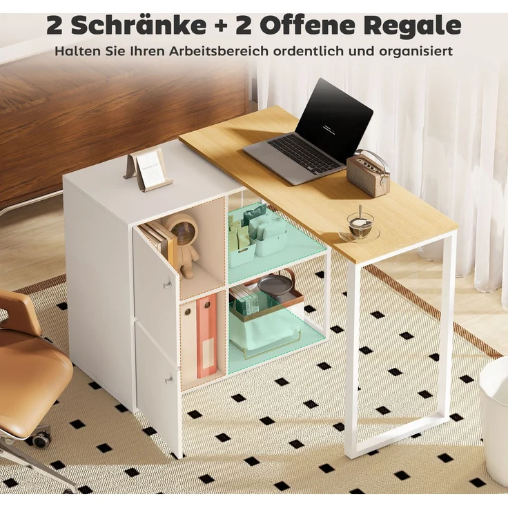 Schreibtisch L-förmig, 360° drehbarer Eckschreibtisch mit 2 Lagerschränken, 2 offenen Regalen, Computertisch für kleine Räume, Arbeitszimmer, Wohnzimmer, 150x40x75 cm, Weiß--Weiß--75x40x150cm--YOUDENOVA – Bild 7