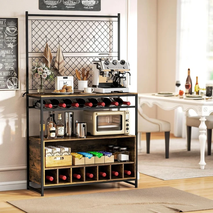 HOMCOM Küchenregal, Standregal mit 5 S-Haken, 2 Ablagen, Metallgitterpaneele, Kaffeebar mit Weinregal, Bäckerregal aus Metallrahmen, Rustikal-Braun, 96,5 x 38 x 165 cm – Bild 9