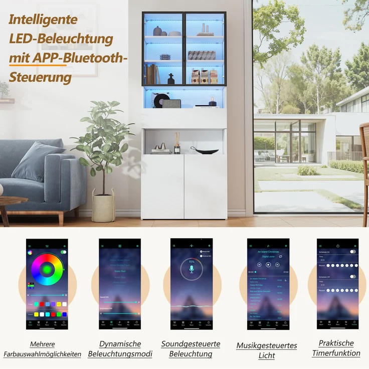 DESVIAE Vitrine mit LED-Beleuchtung und Glastüren 70x200x30 cm Spanplatte Weiß – Bild 6