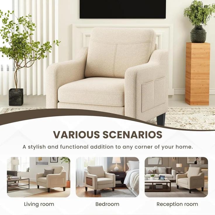 COLAMY Moderner Wohnzimmer-Sessel mit Akzentfunktion, bezogen in Leinen-Optik – Gemütlicher Lesesessel mit Klapptisch, 2 Seitentaschen und Holzarmlehnen für Wohnbereich und Schlafzimmer – Bild 7