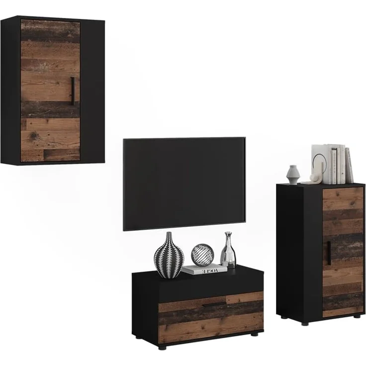 Wohnwand Berno Schwarz/Oldstyle 3-teiliges Set Vicco – Bild 5
