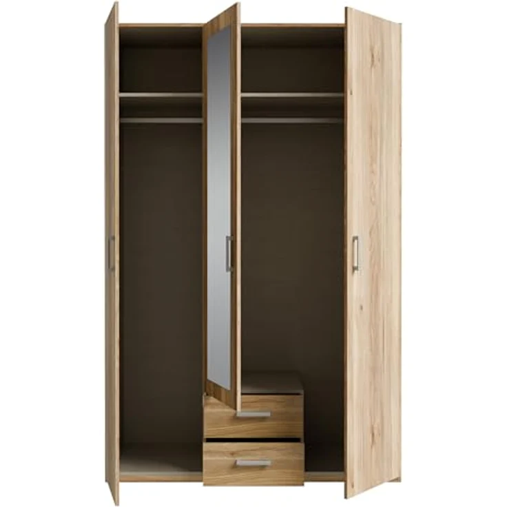 Forte ECONOBOX 2 Kleiderschrank 130 135, 3-türiger Drehtürenschrank mit Spiegel und 2 Schubladen, Holzwerkstoff, Mauvella Eiche Dekor, 133,2 cm breit, 210,5 cm hoch, 54,2 cm tief – Bild 6