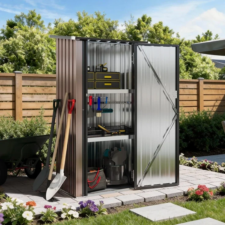 Aoxun Metall-Gerätehaus 88x61x164cm mit 2 verstellbaren Regalböden, Kleiner abschließbarer Werkzeugschrank für Garten, Terrasse & Hof, Braun – Bild 1