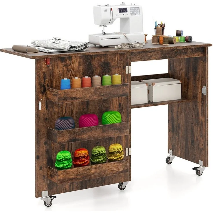 COSTWAY Schreibtisch, Nähtisch klappbar, Nähschrank mit Rollen, Holz – Bild 1