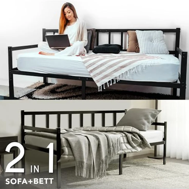Tagesbett Metallbett 2-1 - Bettsofa 92x192 cm - Bettgestell für Matratzen 90x190 cm - Schlafsofa mit Lattenrost - Bett Bed Frame - Einzellbett - Metall Schwarz – Bild 5