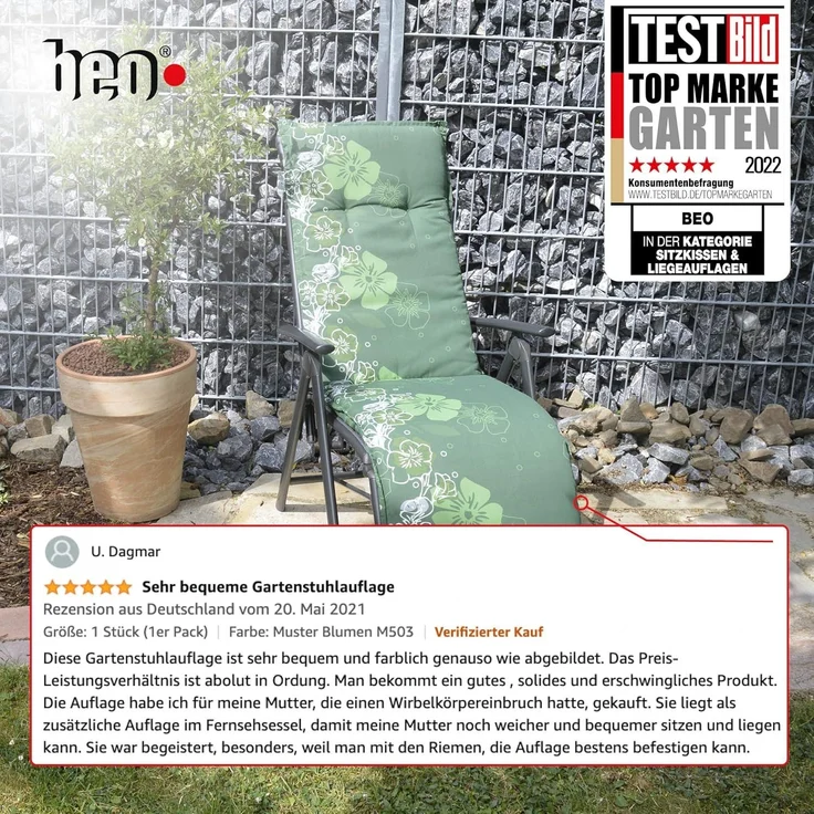Beo Relaxsessel Auflage UV-beständig Barcelona | Made in EU nach Öko-Tex Standard | Waschbare Relaxstuhl Auflage mit Gummi-Halteband | Atmungsaktive Liegestuhl Auflage mit grauen Blüten – Bild 5