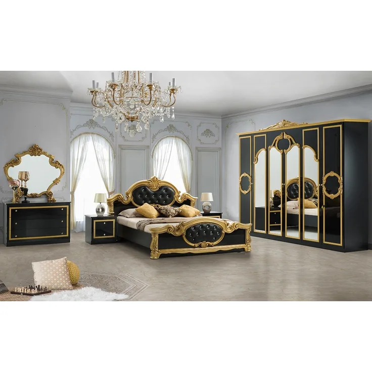 Interdesign24 Schlafzimmer-Set Donna, (6-Teilig, inkl. Spiegeltüren und Polsterung im Kopf- und Fußteil, im ausgefallenem Barock-Stil), Bett 160 x 200 cm, in Hochglanz Schwarz/Gold